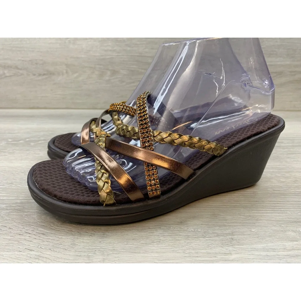Skechers Cali Rumblers Bronze Metallic Rhinestone Wedge Sandals Women's 8 Shoes